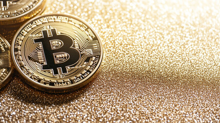 close-up of golden Bitcoin coins on a gold background