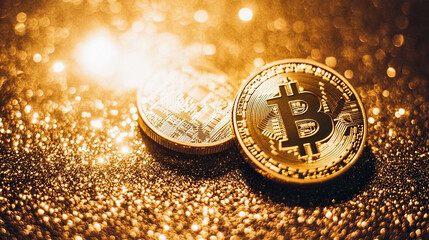 Wall Mural - close-up of golden Bitcoin coins on a gold background