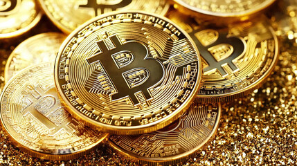 Wall Mural - close-up of golden Bitcoin coins on a gold background