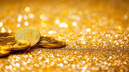 Wall Mural - close-up of golden Bitcoin coins on a gold background