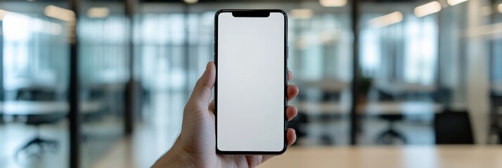 Aufkleber - Hand holding a smartphone with a blank screen in a modern office environment. Represents business, technology, and communication