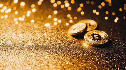 Wall Mural - close-up of golden Bitcoin coins on a gold background