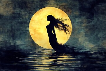 Poster - A silhouette of a mermaid against a glowing moon over water, evoking a mystical and serene atmosphere.