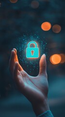 Aufkleber - Hand holding a glowing blue lock icon with a bokeh background, symbolizing cyber security and data protection