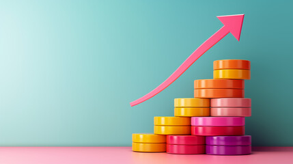 Poster - Brightly colored coins are arranged in a staircase formation, leading upward. A pink arrow signifies progress or increase, set against a light blue backdrop