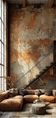 Wall Mural - Loft. Living room arranged in a factory space with stairs in the middle. Minimalist decor.