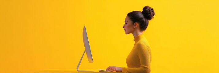 Poster - Profile of a woman working at a computer in a vibrant yellow room. Dynamic and modern workspace for creative professionals.