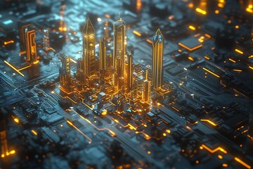 Poster - A futuristic cityscape with glowing skyscrapers on a circuit board, blending urban design and technology.