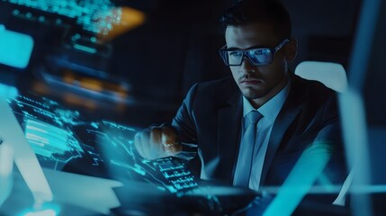 Canvas Print - A man in a suit and glasses works on a computer in a dark room.