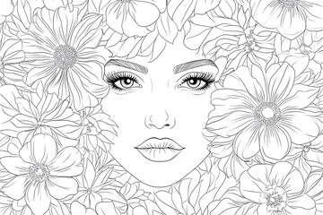 Wall Mural - coloring book for adults portraits, faces, flowers on a white background