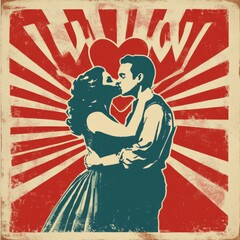 A vintage love poster with a couple kissing in the center, against a red and white sunburst background.