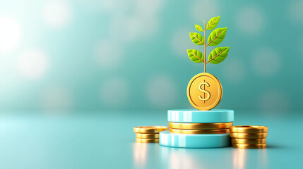 Poster - A small green plant emerges from a stack of golden coins, symbolizing growth and prosperity, set against a softly blurred, light blue background