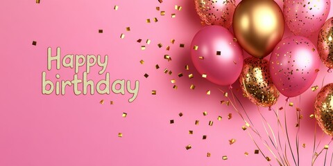 Pink and gold balloons with golden confetti on a pink background  Happy Birthday celebration card, banner, or wallpaper design Generative AI