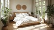 © Tomass - Sunlit bedroom with white linens and indoor plants creating a peaceful, natural ambiance.