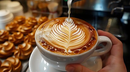 A person is holding a cup of coffee with a leaf design on it