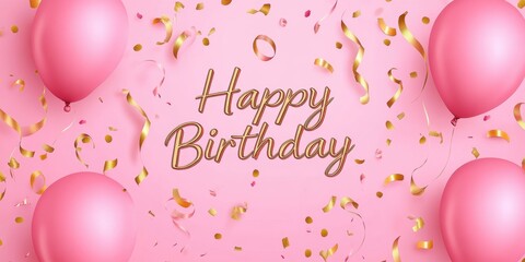 Happy birthday background with pink balloons and golden confetti and ribbon Generative AI