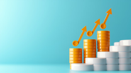 Poster - Stacks of golden and white coins rise to indicate increasing financial growth with upward-pointing arrows symbolizing positive market indicators and investment success