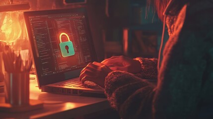 Poster - Woman working on a laptop with a bright red digital lock icon on the screen, representing cybersecurity and data protection.