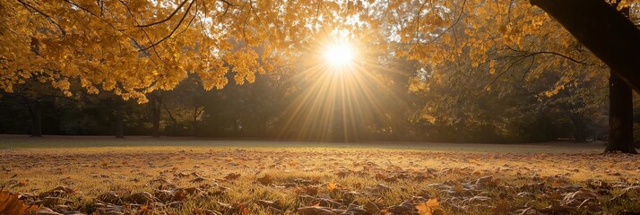 Sunlight filtering through colorful autumn leaves, illuminating a tranquil park scene with golden foliage.