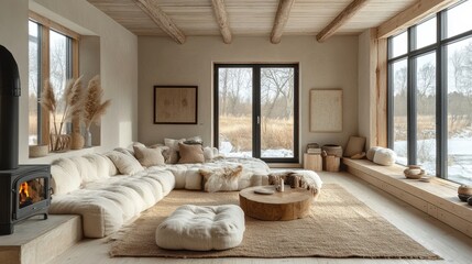 Cozy and minimalist living room with natural decor and large windows overlooking winter landscape