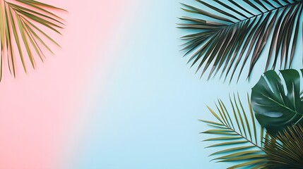 Wall Mural - Photo of a pastel pink and blue background with palm leaves for an abstract summer concept. Web banner with copy space on the right