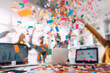 © Sunday Cat Studio - Celebration scene with colorful confetti falling in a modern office, representing joy and teamwork in a dynamic work environment.