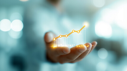Poster - A business expert illustrates a rising digital graph in a sleek office, emphasizing progress and success. The hand gesture suggests an optimistic outlook for future achievements