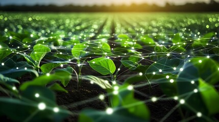 Green field of soybean plants with net of glowing dots above them. Concept of digital agriculture and smart farming