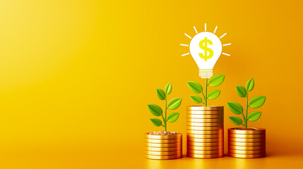Poster - Coins stack upward with small plants emerging, symbolizing financial growth and new ideas, illuminated by a light bulb representing innovation against a bright background