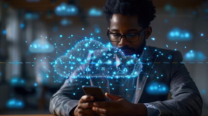 Businessman Connecting to Cloud Computing Network with Smartphone in Digital Landscape