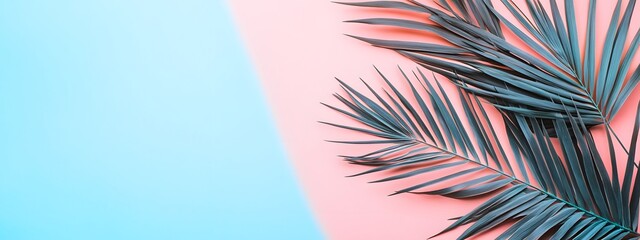 Wall Mural - Photo of a pastel pink and blue background with palm leaves for an abstract summer concept. Web banner with copy space on the right