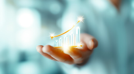 Poster - In a bright office, a hand holds a glowing bar graph illustrating growth, symbolizing success and achievement in business and finance