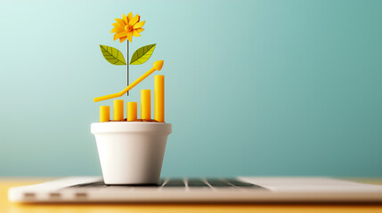 Poster - A blooming flower with vibrant petals and leaves rises alongside a positive growth graph from a pot placed on a laptop keyboard, symbolizing innovation and progress in a serene office environment