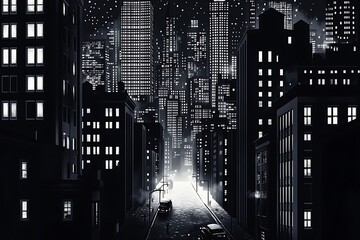 Sticker - A monochromatic cityscape at night, showcasing tall buildings and a quiet street illuminated by lights.