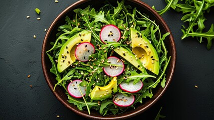 Top view of a nutritious salad with arugula, avocado, and radishes, garnished with seeds, perfect for a healthy meal, vegetarian salad, clean eating, crisp, refreshing