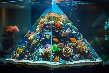 Wall Mural - A vibrant aquarium showcasing a colorful coral reef with various fish species in a pyramid-shaped tank.