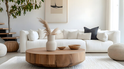 Round wood coffee table against white sofa. Scandinavian home interior design of modern living room.