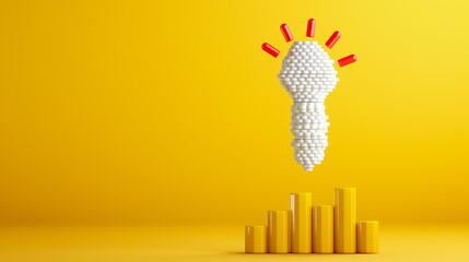 Poster - A unique light bulb design formed from white spheres and red tips hovers above several yellow blocks, set against a bright yellow backdrop, symbolizing innovation and ideas