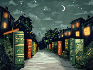 Wall Mural - A street scene with a row of books on the sidewalk. The books are numbered 219, 219, 219, 219, 219, 219, 219, 219, 219, 219, 219, 219, 219, 219, 219, 219, 219