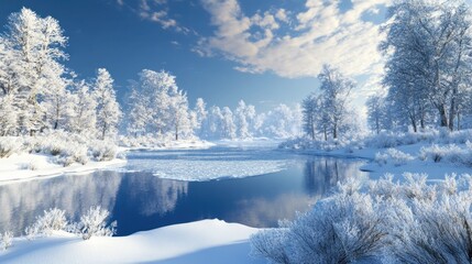 Wall Mural - Winter Wonderland: Frozen River and Snow-Covered Trees