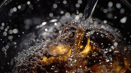 Wall Mural - Close-up of Sparkling Brown Liquid with Bubbles