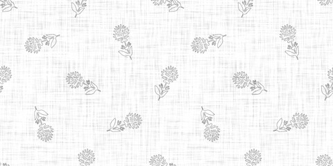 Seamless french taupe floral farmhouse linen printed fabric background. Light mottled grey cottage pattern. Shabby chic woven 2 tone cloth effect. Textile rustic organic ecru neutral all over print.