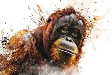 Sticker - A close-up of an orangutan with a textured artistic background, showcasing the beauty of wildlife.