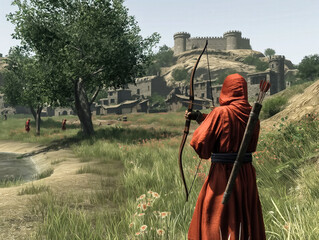 A man in a red robe is holding an arrow and standing in a field. The scene is set in a medieval setting, with a castle in the background