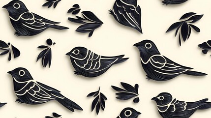 seamless pattern of 3D sparrow bird, paper quill pattern.