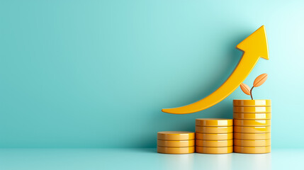 Poster - Stacked coins symbolize financial growth, while a small green plant emerges from the top stack, complemented by a bold upward arrow indicating progress
