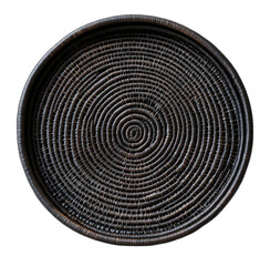 This black woven basket features a detailed spiral pattern, showcasing skilled craftsmanship and unique design elements. Transparent background PNG