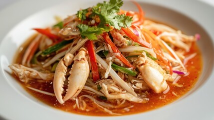 Wall Mural - Close-up of papaya salad with crab and fermented fish, showcasing the blend of shredded papaya, crab claws, and flavorful sauce on a white background, no people.