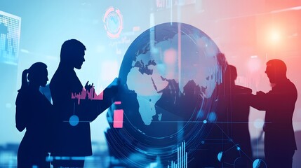 Poster - Silhouettes of business people standing in front of a digital globe.