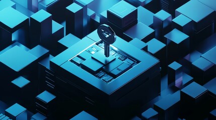 Poster - Key inserted into a secure digital server represented in a futuristic blue digital environment. Symbolizes data security and encrypted servers.